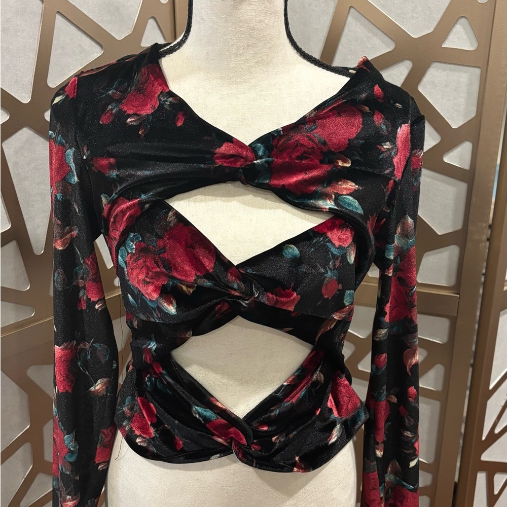 NWT— Autum Adeigbo CutoutTwisted Floral Velvet Blouse
